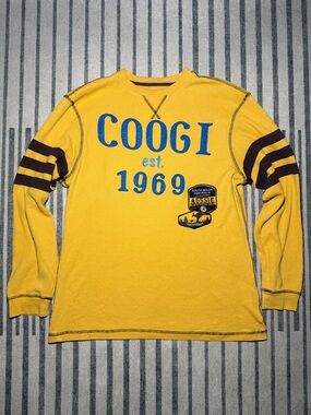 COOGI Men's Yellow Crewneck Sweater with Blue Logo and Brown Sleeve Stripes